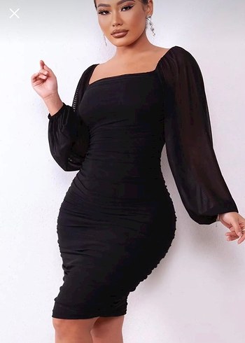 Siyah Drapeli Uzun Kollu Midi Elbise - Görsel 2