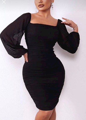 Siyah Drapeli Uzun Kollu Midi Elbise - Görsel 4