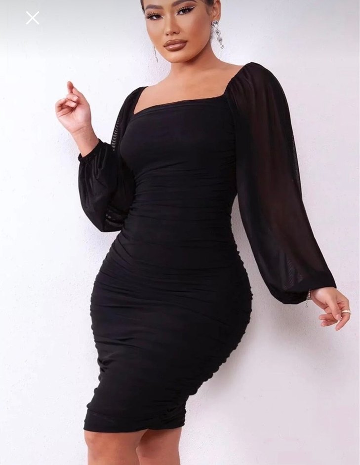 Siyah Drapeli Uzun Kollu Midi Elbise - Görsel 2