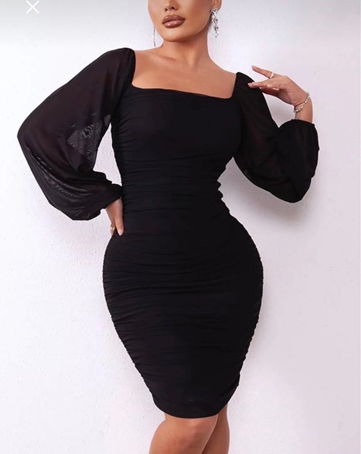 Siyah Drapeli Uzun Kollu Midi Elbise - Görsel 4