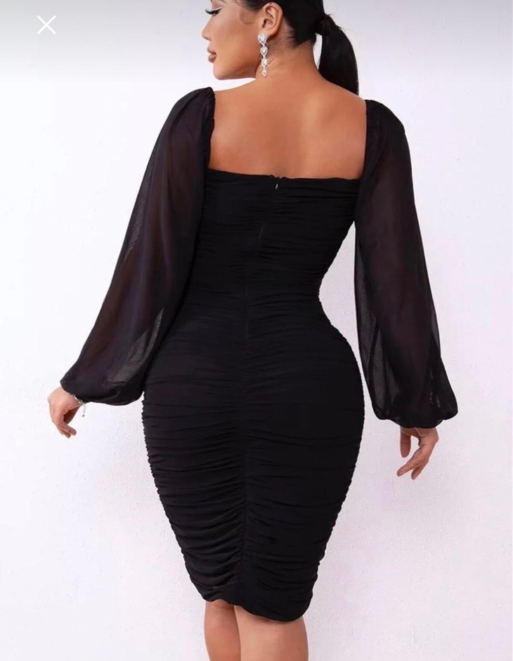 Siyah Drapeli Uzun Kollu Midi Elbise - Görsel 3