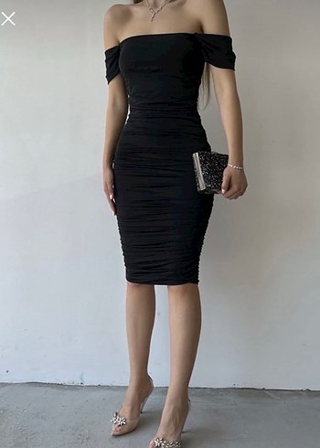 Siyah Straplez Drapeli Midi Kalem Elbise - Görsel 3