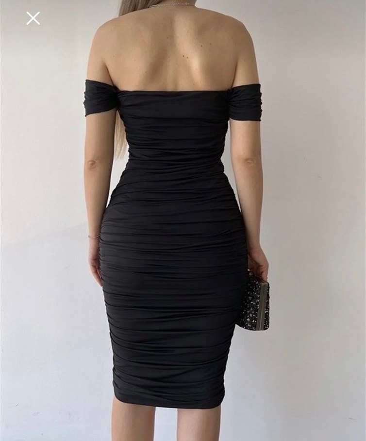 Siyah Straplez Drapeli Midi Kalem Elbise - Görsel 4