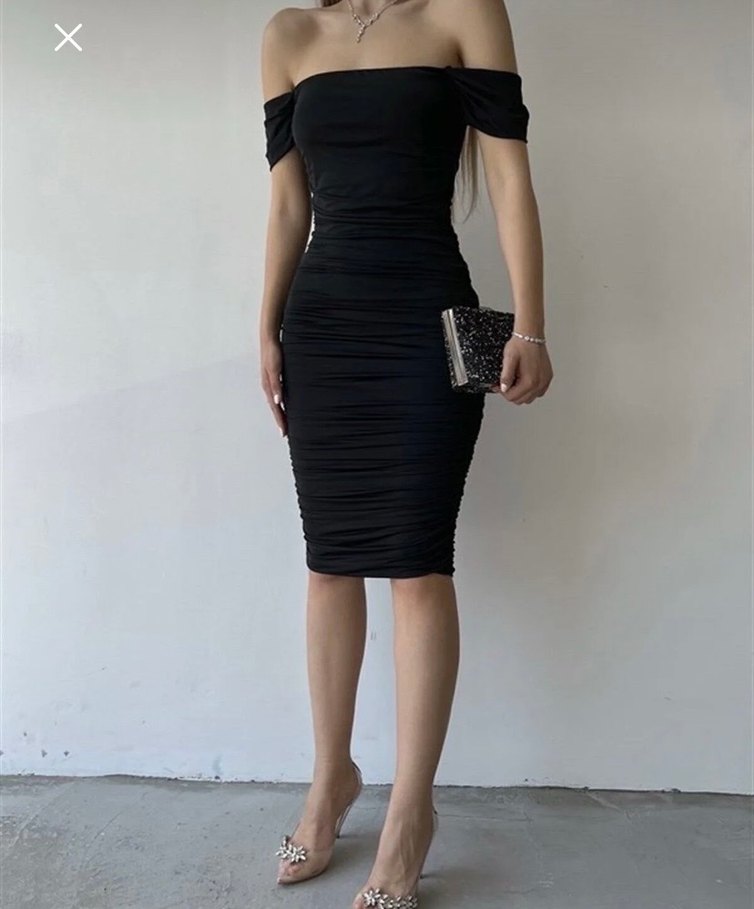 Siyah Straplez Drapeli Midi Kalem Elbise - Görsel 3