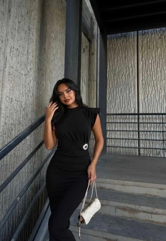 Siyah Kemerli Yüksek Yakalı Uzun Kalem Elbise - Görsel 2