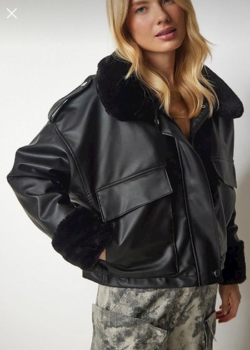 Siyah Deri Kürklü Kadın Ceket - Görsel 5
