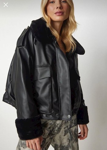 Siyah Deri Kürklü Kadın Ceket - Görsel 2