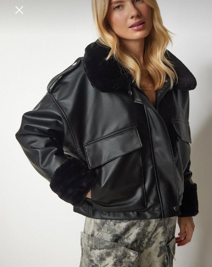 Siyah Deri Kürklü Kadın Ceket - Görsel 5