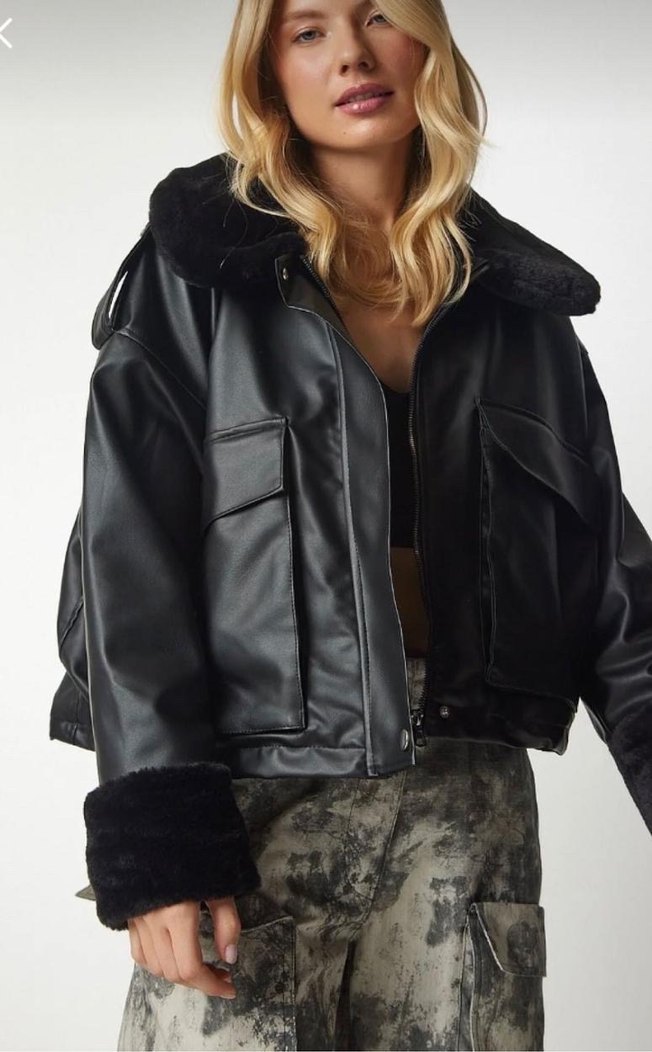 Siyah Deri Kürklü Kadın Ceket - Görsel 4