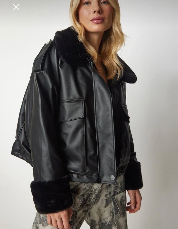 Siyah Deri Kürklü Kadın Ceket - Görsel 2