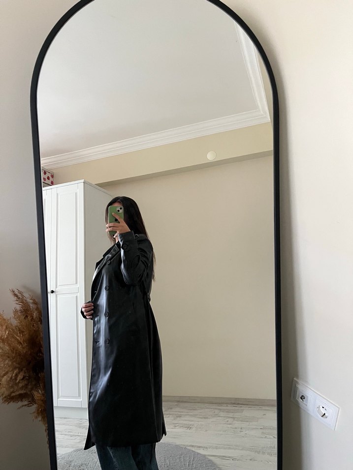 Kadın Siyah Deri Midi Trençkot - Görsel 2