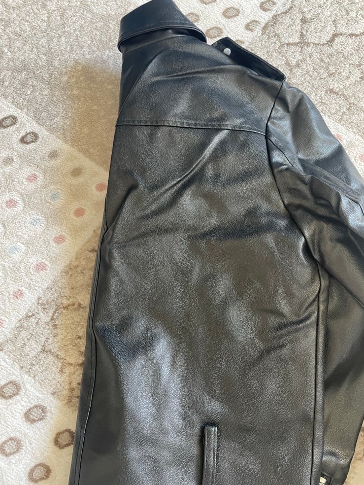 Parlak Siyah Deri Biker Ceket - Görsel 3