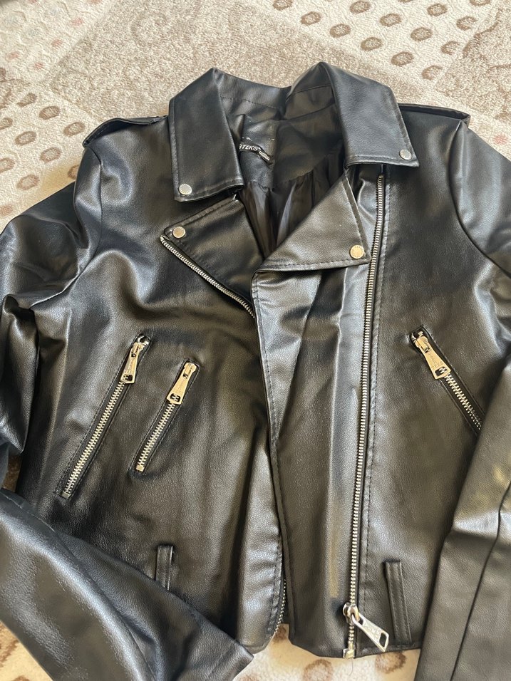 Parlak Siyah Deri Biker Ceket - Görsel 2