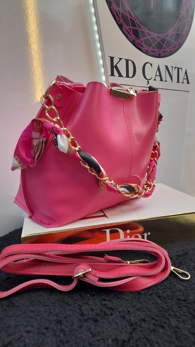 Fular Askı Detaylı Pembe Deri Kadın Çanta - Görsel 5