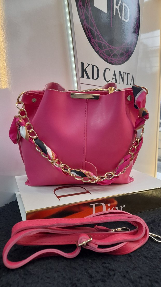 Fular Askı Detaylı Pembe Deri Kadın Çanta - Görsel 3