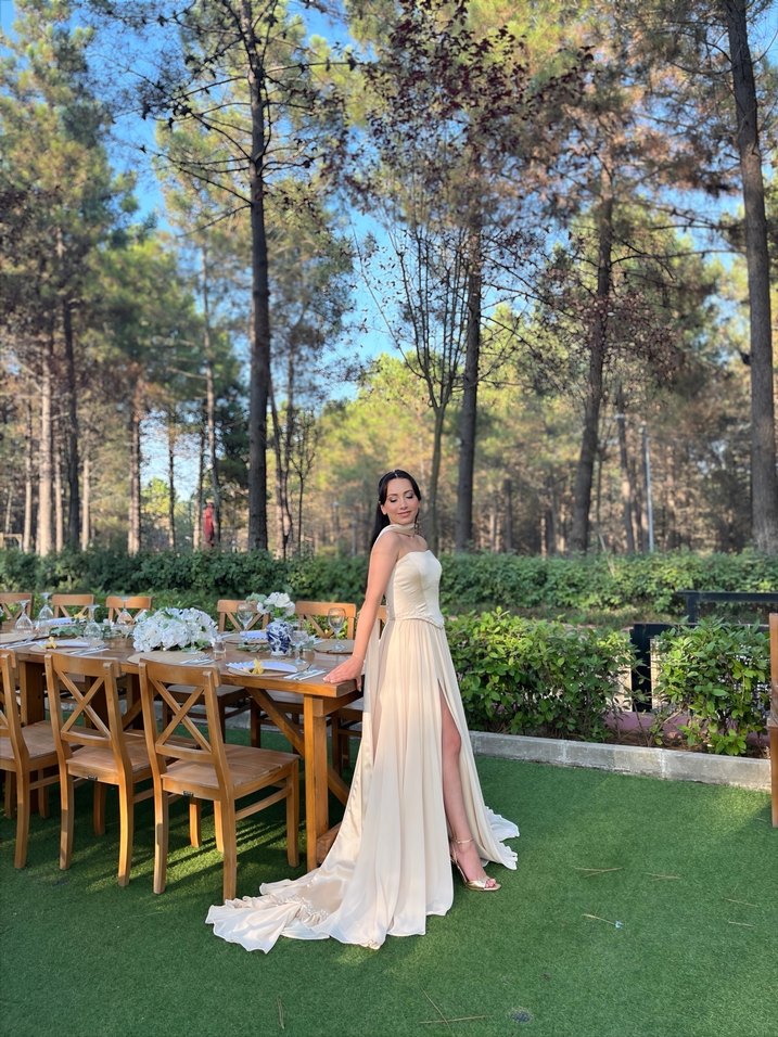 Bej veya Nude rengi Uzun Askısız Kadın Elbise - Görsel 4