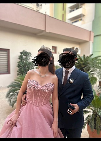 Pudra Pembe Straplez Drapeli Uzun Abiye - Görsel 2