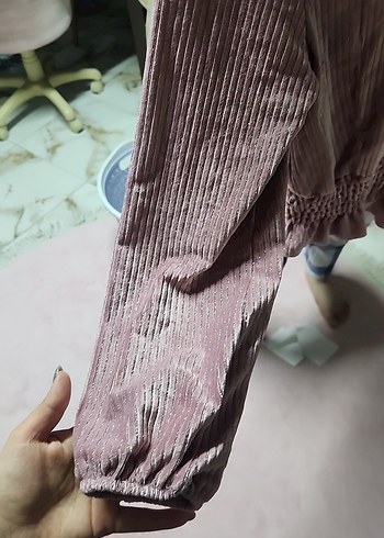 Pembe Piliseli V Yaka Uzun Kollu Bluz - Görsel 2