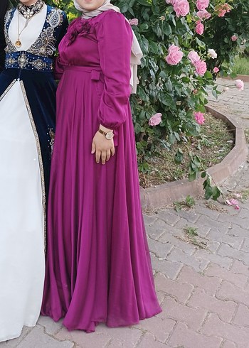 Mor Uzun Drapeli Abiye Elbise