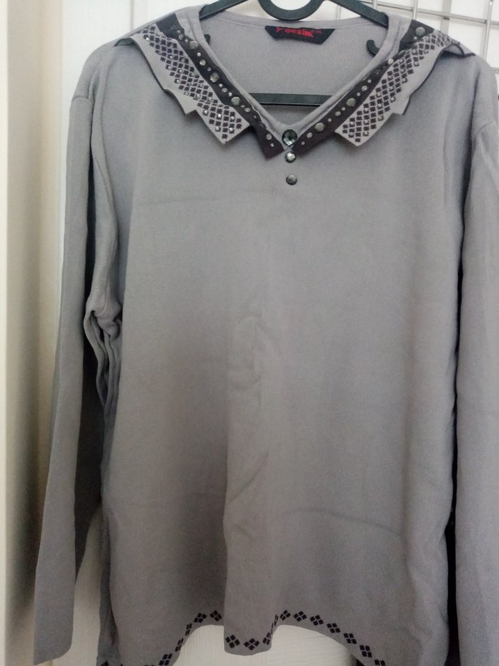 Gri Keten Kadın Gömlek, Uzun Kollu, Düğmeli - Görsel 2