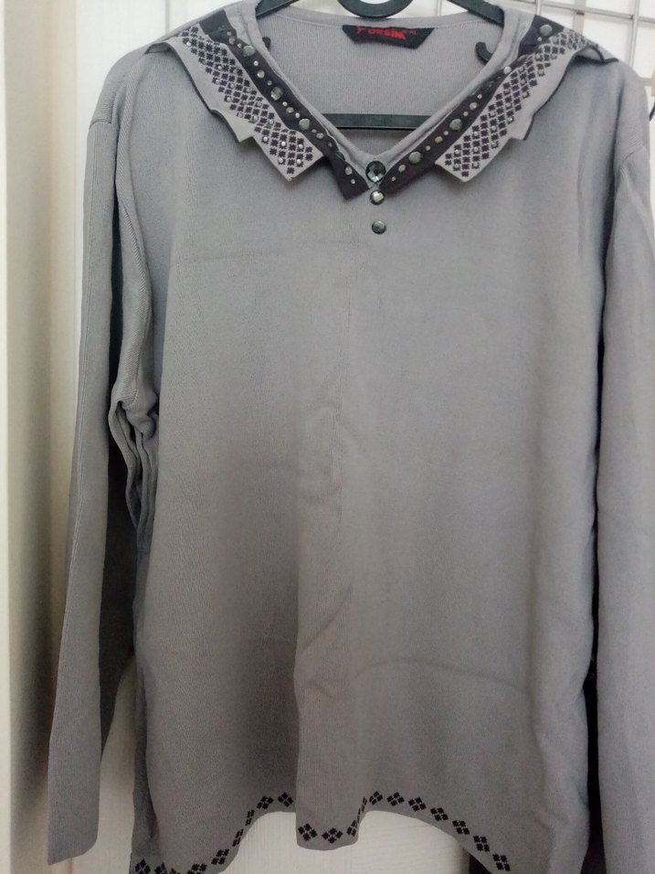 Gri Keten Kadın Gömlek, Uzun Kollu, Düğmeli - Görsel 3