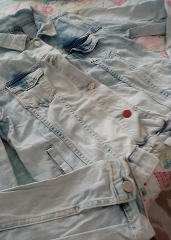 Düğmeli, Gri-Mavi Kadın Kot Ceketi - Görsel 3