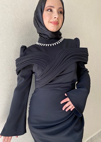 Abiye Drapeli Siyah Uzun Kadın Elbise