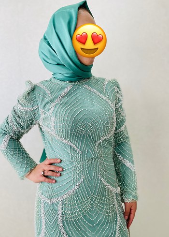 İnci İşlemeli Uzun Kol Turkuaz Abiye Elbise