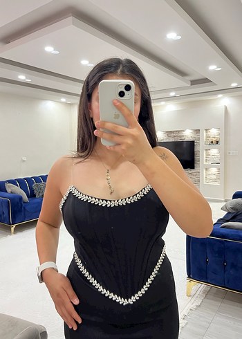 Siyah Straplez Uzun Drapeli Abiye Elbise - Görsel 2