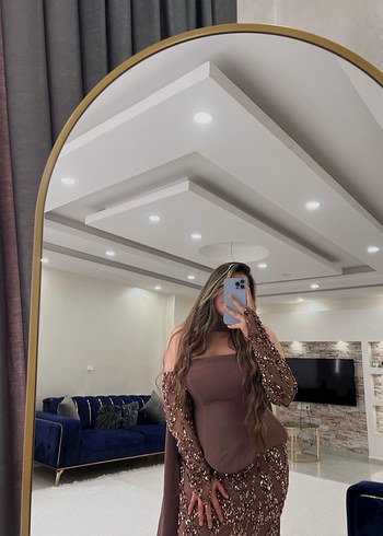 Bej Drape Detaylı Uzun Kollu Abiye Elbise - Görsel 3