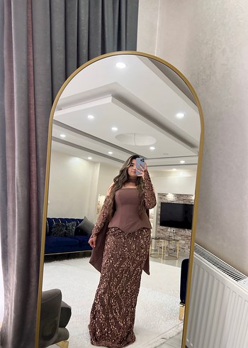 Bej Drape Detaylı Uzun Kollu Abiye Elbise - Görsel 5