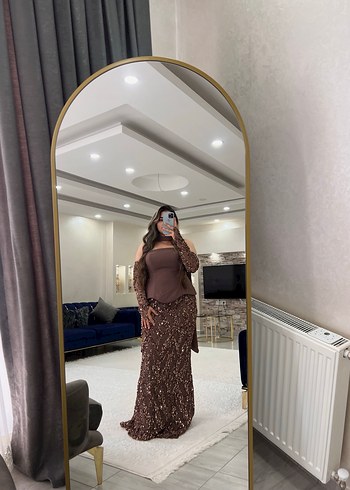 Bej Drape Detaylı Uzun Kollu Abiye Elbise - Görsel 4