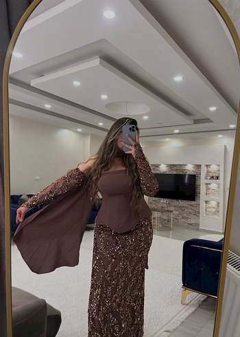 Bej Drape Detaylı Uzun Kollu Abiye Elbise - Görsel 2