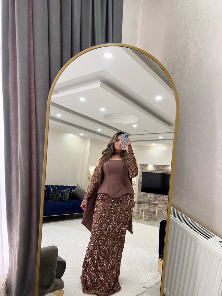 Bej Drape Detaylı Uzun Kollu Abiye Elbise - Görsel 5