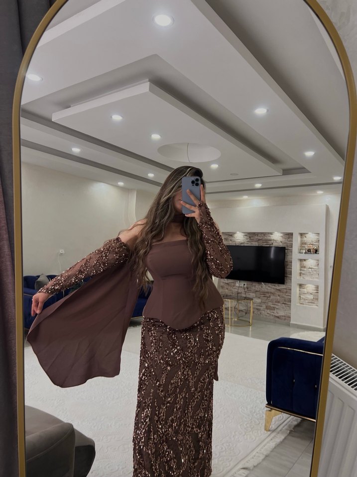 Bej Drape Detaylı Uzun Kollu Abiye Elbise - Görsel 2