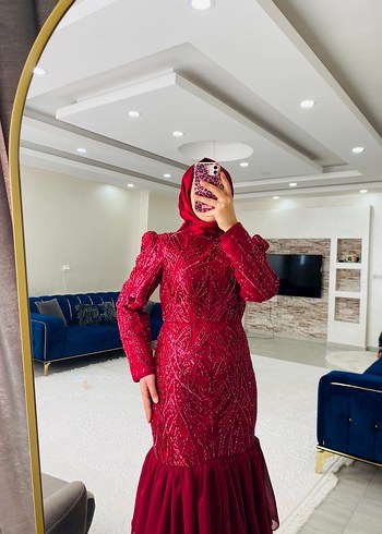 Bordo Uzun Kollu Fırfırlı Abiye Elbise - Görsel 2