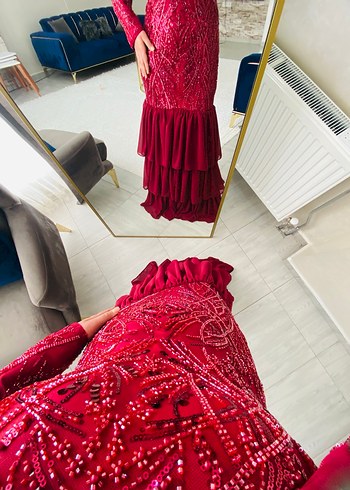 Bordo Uzun Kollu Fırfırlı Abiye Elbise - Görsel 3