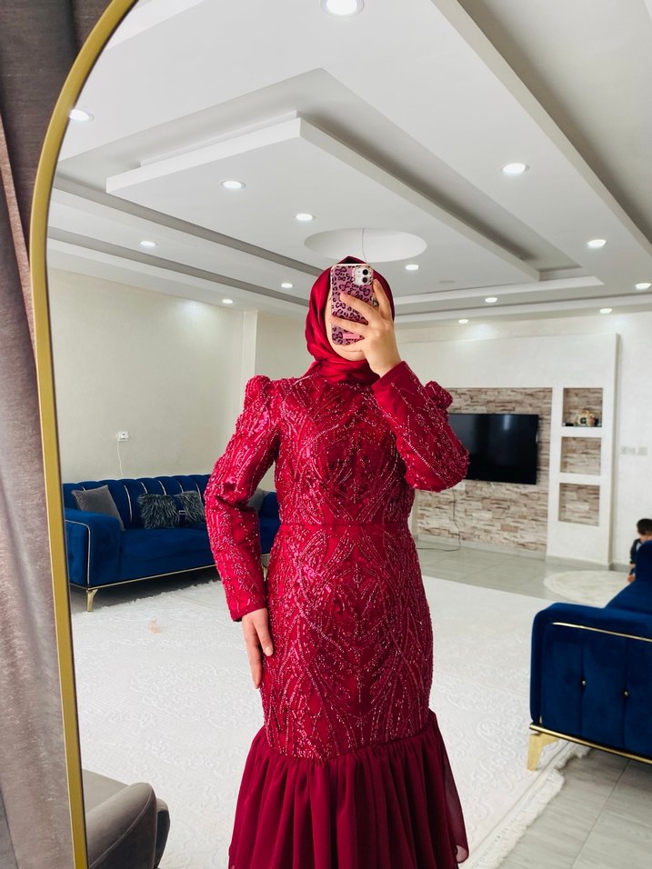 Bordo Uzun Kollu Fırfırlı Abiye Elbise - Görsel 2