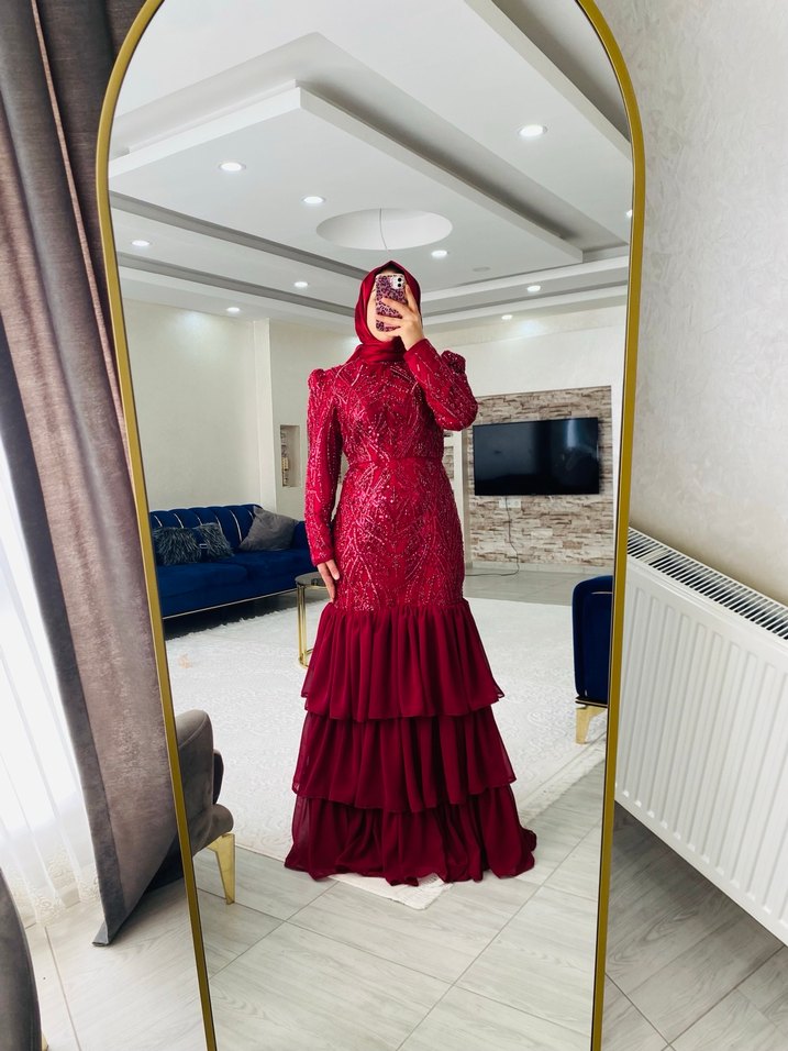 Bordo Uzun Kollu Fırfırlı Abiye Elbise - Görsel 4