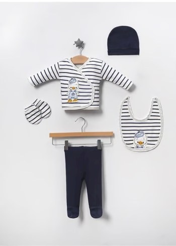 Bebek için çizgili ve baskılı gri önlük seti - Görsel 2