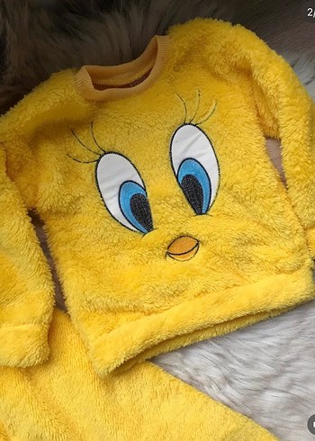Sarı Nakışlı Çocuk Peluş Pijama Takımı - Görsel 2