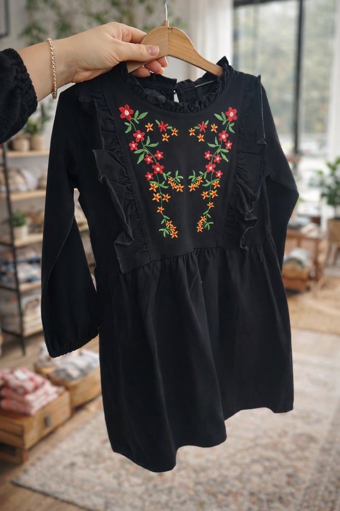 Nakışlı Siyah Uzun Kollu Bohem Kız Bluz - Görsel 2