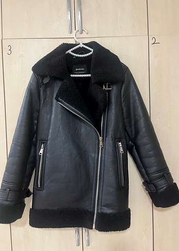 xs Beden siyah Renk Stradivarius Siyah Kürklü Deri Biker Ceket