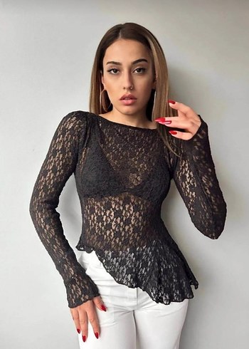 Asimetrik Kesim Dantel Bluz - Görsel 11