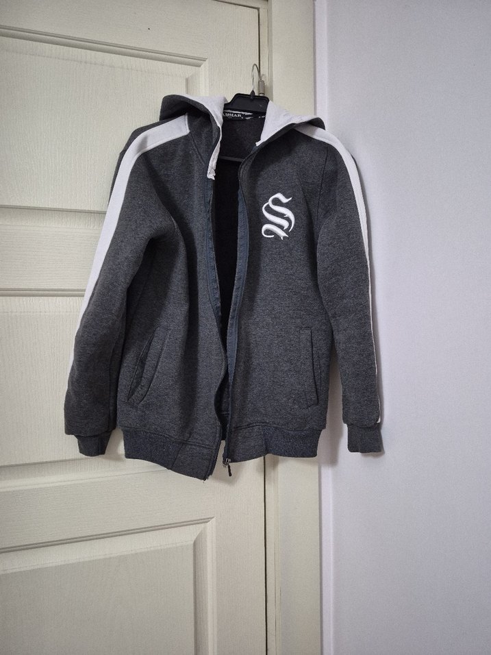 Gri Kapüşonlu Fermuarlı Erkek Sweatshirt - Görsel 4