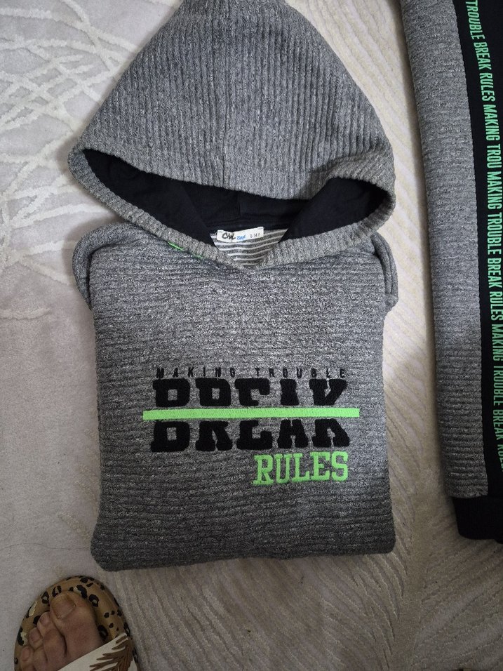 Erkek Gri Kapüşonlu Baskılı Sweatshirt - Görsel 3