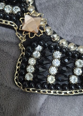 İşlemeli Boncuklu Siyah Midi Kolye - Görsel 3