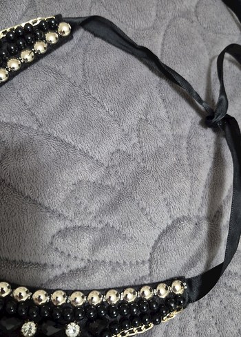 İşlemeli Boncuklu Siyah Midi Kolye - Görsel 4