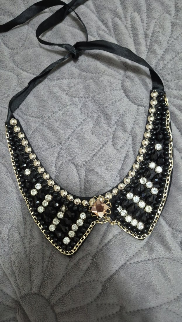 İşlemeli Boncuklu Siyah Midi Kolye - Görsel 2