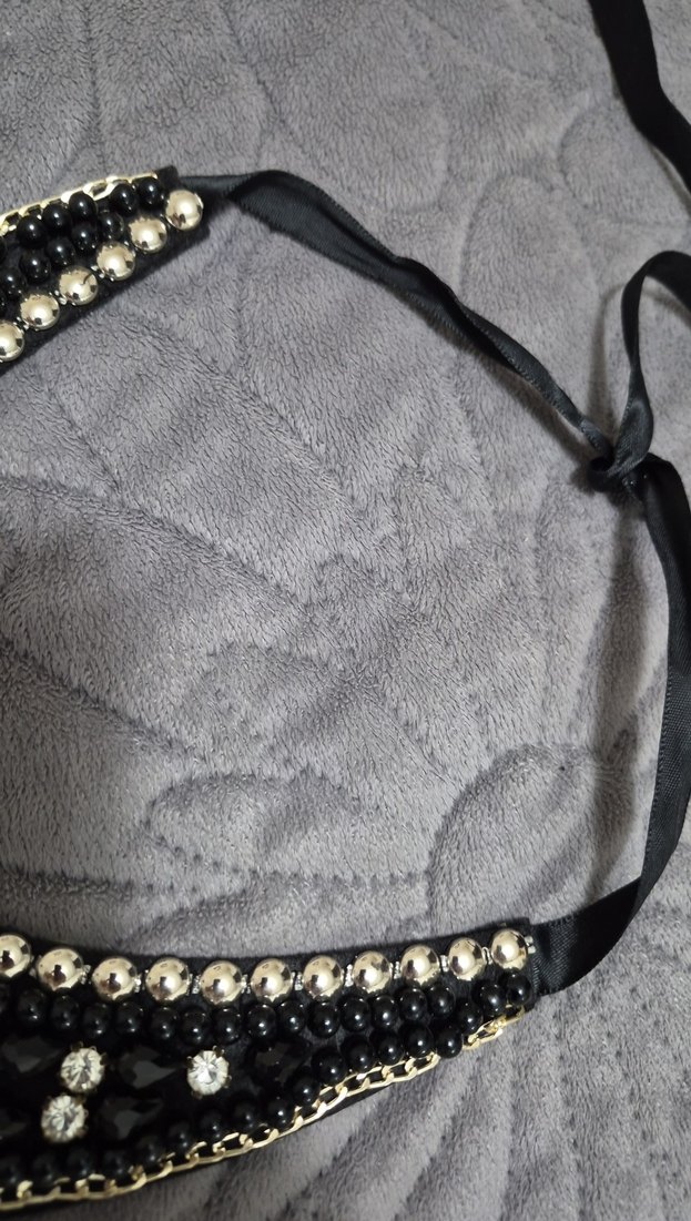 İşlemeli Boncuklu Siyah Midi Kolye - Görsel 4